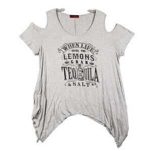Velvet Skye Womens 2X Gray Tequila Graphic Cold Shoulder Tee Handkerchief Hem